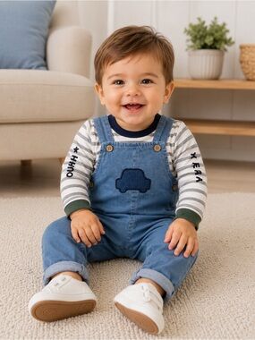 Mayoral Blue Denim Overalls with Striped Tee Set